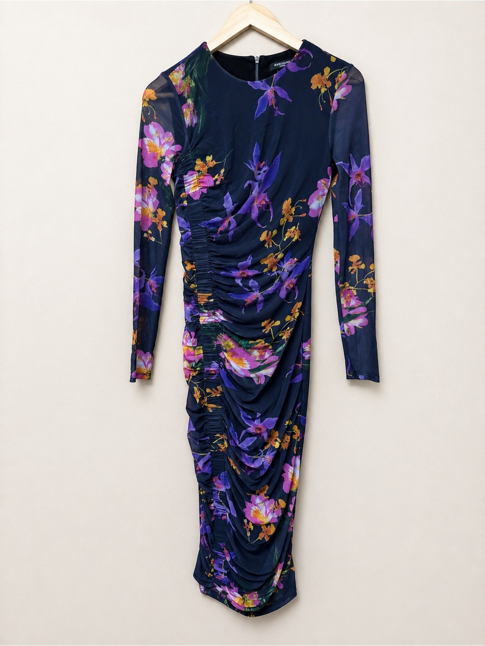 Marciano Guess Floral Mesh Ruched Long Sleeve Midi Dress Bodycon Small Navy